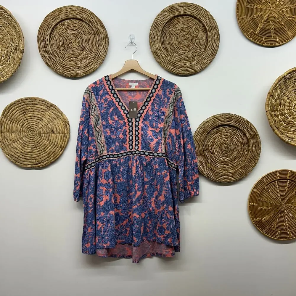 NEW J Jill Floral Embroidered Tunic Top Large Pink Blue Flower 3/4 Length Sleeve - Picture 2 of 7